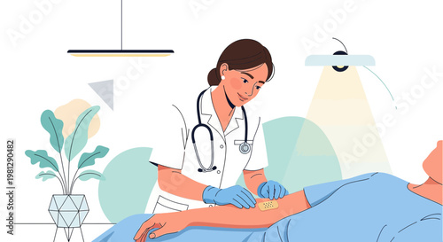 Nurse Applying Bandage to Patient's Arm in Medical Room