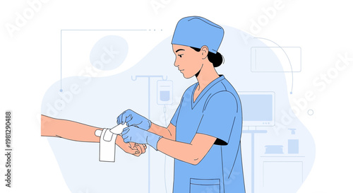 Nurse Applying Bandage to Patient's Arm in Medical Room