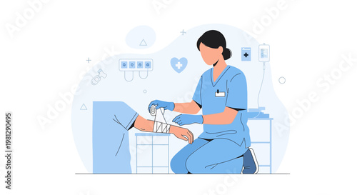 Nurse Applying Bandage to Patient's Arm in Medical Setting