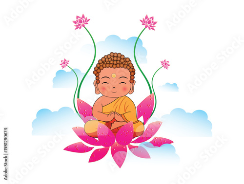 Cute Little Buddha Sitting on Lotus with Pink Flowers, Happy Buddha Purnima and Vesak Day Celebration Vector Illustration