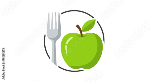 Healthy eating concept with green apple and fork in modern minimalist graphic design style