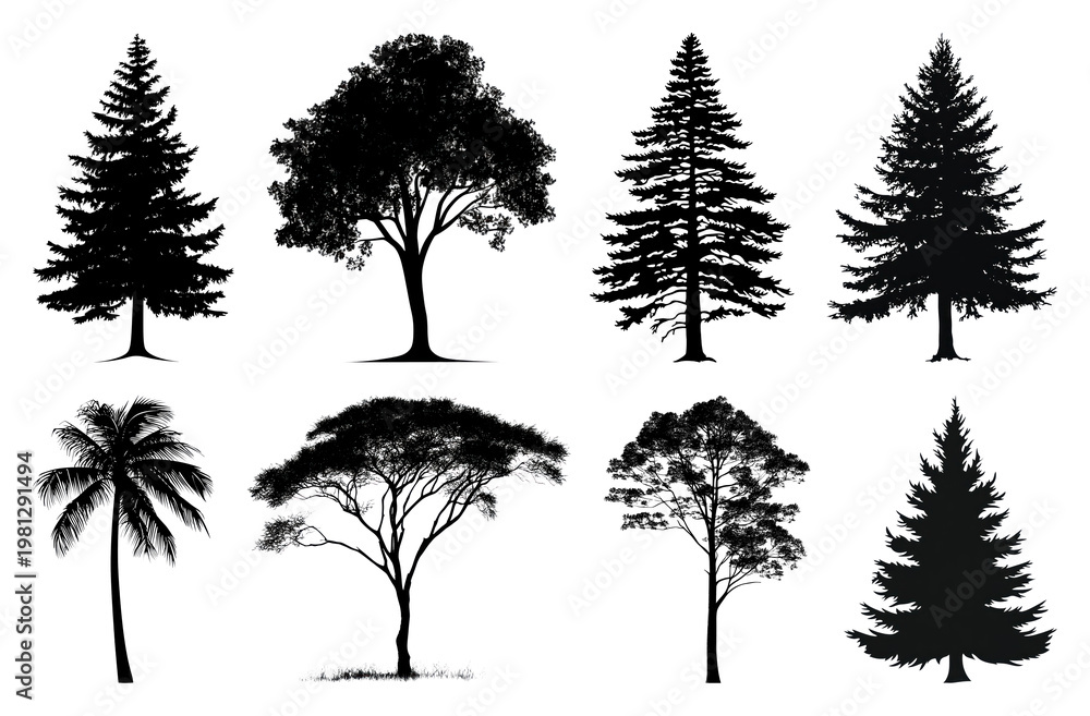 Fototapeta premium PNG Silhouettes of diverse tree species on transparent background