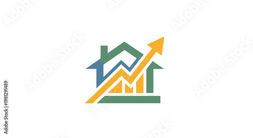 Real estate investment growth symbol, arrow up and home structure, financial gains concept