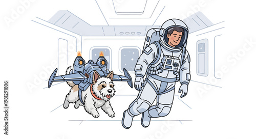 Astronaut walking dog in space suit with jetpack