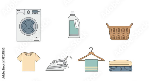 Collection of laundry room essentials including a washing machine, detergent, iron, and basket with clean clothes
