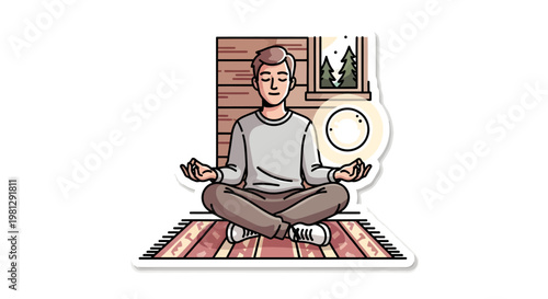 Man meditating in lotus position at home with eyes closed