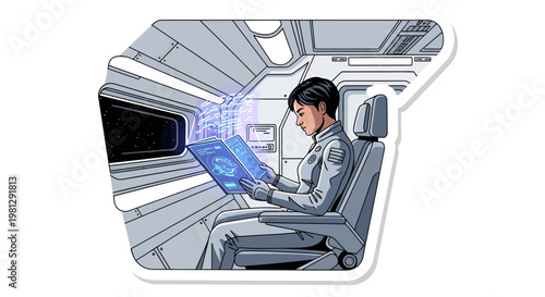 Man in futuristic spaceship cockpit with holographic display