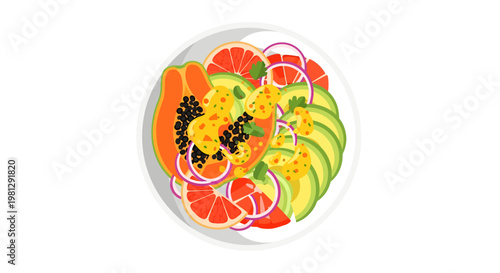 Fresh fruit salad with avocado and papaya on plate