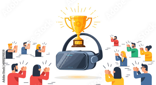 Virtual reality goggles with golden trophy and cheering people