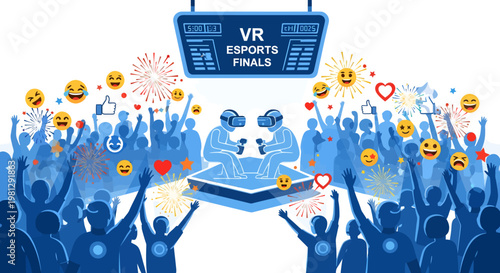 Virtual reality e-sports finals with cheering crowd and emojis