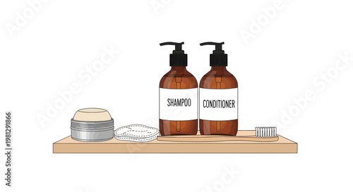 Bathroom shelf with shampoo, conditioner and toiletries