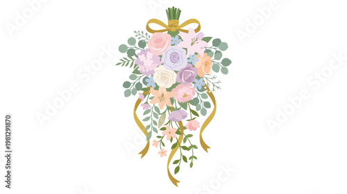 Elegant cascading bouquet of pastel roses and eucalyptus tied with a golden ribbon and bow