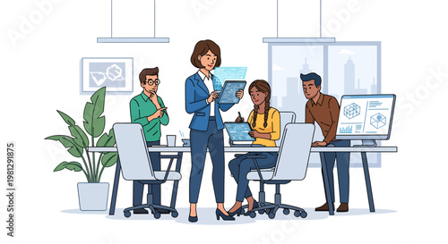 people working in office with computers and plant