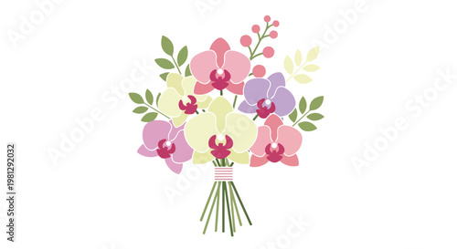 Delicate bouquet of pastel orchids and green leaves tied with a ribbon, isolated on white background