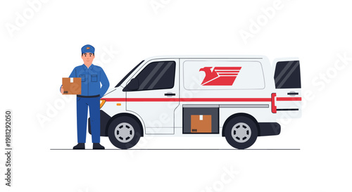 A friendly delivery driver in a professional blue uniform holds a cardboard package while standing beside a white courier van with a red eagle logo.