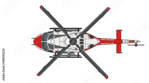 Aerial view of isolated red helicopter aircraft in aviation, topview from above.