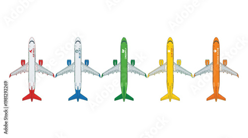 Aerial topview of colorful airplanes in aviation vector isolated setting
