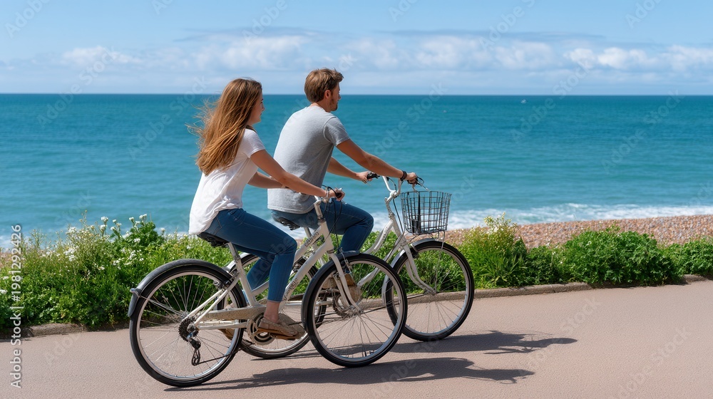 Fototapeta premium Young adult couple bikes side by side on coastal path, ocean waves behind greenery under blue sky. Woman long brown hair, man short brown both casual. Sunlight casts clear shadows., outdoor