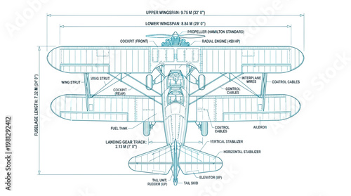 Aerial topview of a vector isolated airplane in aviation with aircraft details.