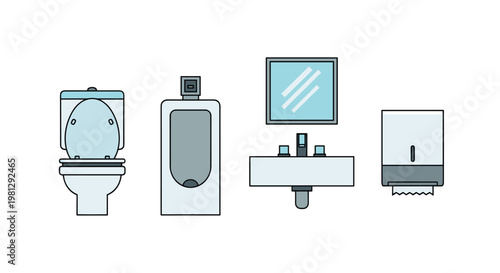 A collection of minimalist bathroom fixture icons featuring a ceramic toilet, a wall-mounted urinal, a modern sink, and a paper towel dispenser.