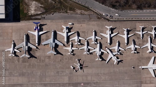 Aerial view of private jets at the airport. Drone footage of planes parked at the airport, Istanbul, Turkey.