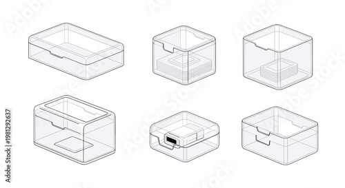 A detailed set of six isometric transparent plastic storage containers displays various rectangular and square shapes for organized household item management.