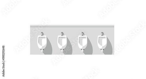Four pristine white ceramic urinals are mounted in a perfectly straight row against a neutral gray wall featuring long artistic diagonal shadows.