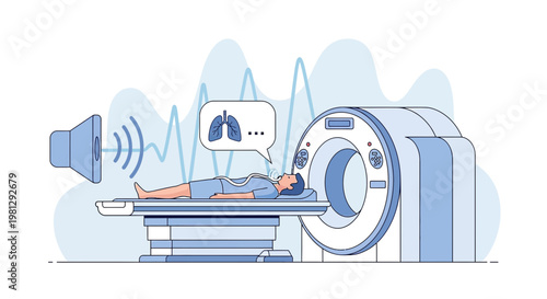 Patient undergoing medical scan with sound waves and lung icon, advanced technology in healthcare
