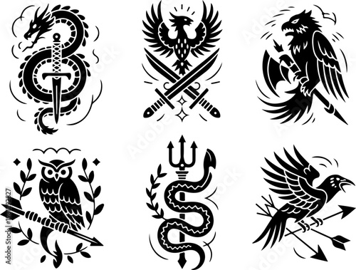 Mystic Celestial Tattoo Vector Set – Sun Moon Eye Snake Dagger Sacred Symbols