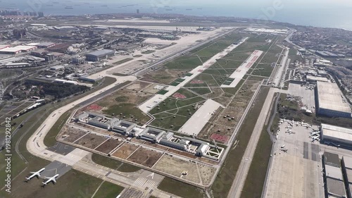 Aerial view of private jets at the airport. Drone footage of planes parked at the airport, Istanbul, Turkey.