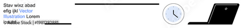 Work productivity, time tracking, remote work, digital tools, virtual collaboration, efficiency. Clock and laptop on a clean background. Time tracking and work productivity concept