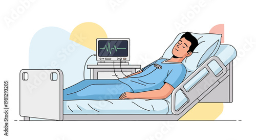 Patient resting in hospital bed with vital signs monitor, medical care concept