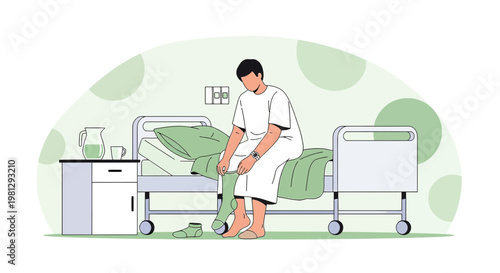 Patient Sitting on Hospital Bed, Feeling Sad and Lonely After Surgery