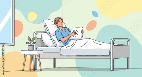 Patient recovering in hospital bed, holding pillow, feeling unwell, hospital room interior