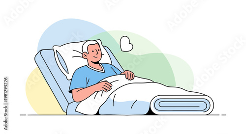 Patient recovering in hospital bed, feeling hopeful with heart symbol, medical care concept