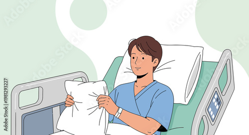 Patient recovering in hospital bed, holding pillow, medical bracelet, hospital room