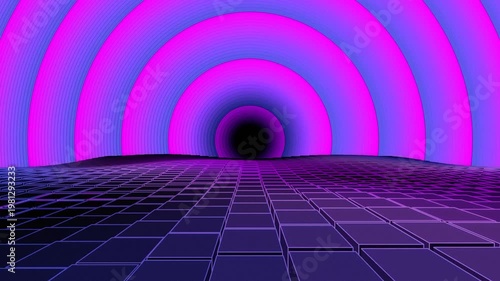 Background: 3D Neon Cube Corridor with circular patterns in purple and pink, for videotrons, advertising, gaming, virtual environments, music, digital billboards, virtual reality, live events, meeting