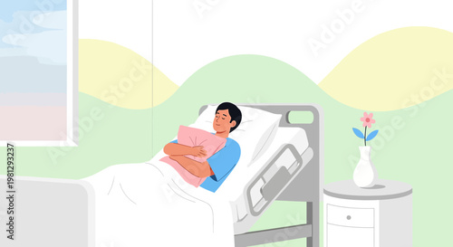 Patient recovering in hospital bed, holding pillow, window view, bedside table with flower