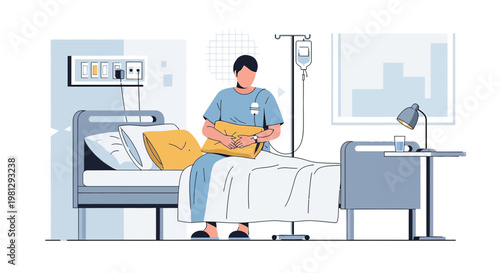 Patient recovering in hospital bed, holding pillow, medical equipment, hospital room