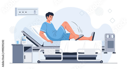 Patient recovering in hospital bed, leg elevated for recovery after surgery