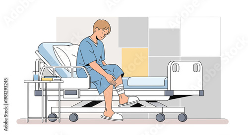 Patient recovering in hospital bed, leg bandage, medical care, healthcare concept