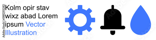 Settings, notifications, water systems, alerts, fluid management, process control. A gear, bell and water drop icon arranged in a row. Settings and notifications concept