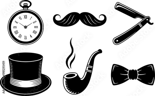 Vintage Tattoo Icon Vector Set – Skull Hat Anchor Dagger Pipe Pocket Watch Collection