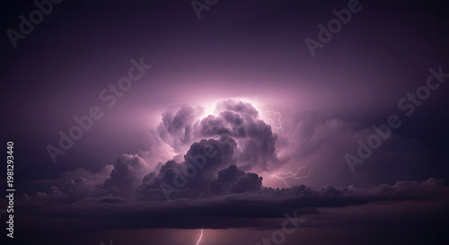 Dramatic lightning storm with purple clouds at night