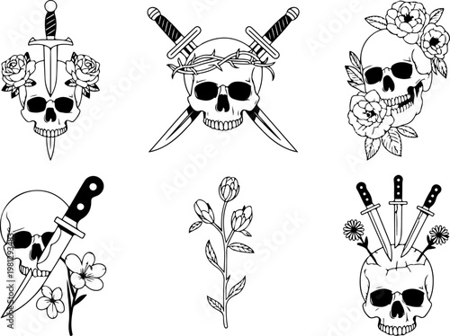 Vintage Tattoo Icon Vector Set – Skull Hat Anchor Dagger Pipe Pocket Watch Collection
