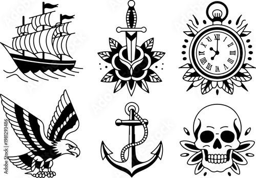 Vintage Tattoo Icon Vector Set – Skull Hat Anchor Dagger Pipe Pocket Watch Collection