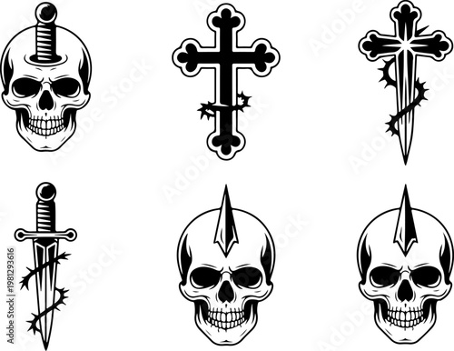 Vintage Tattoo Icon Vector Set – Skull Hat Anchor Dagger Pipe Pocket Watch Collection