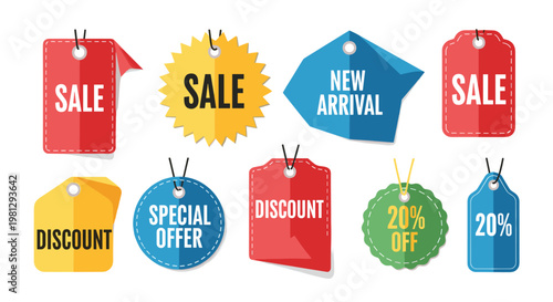 A diverse collection of colorful retail price tags featuring various shapes and promotional messages like sale and new arrival hangs against a clean white backdrop.