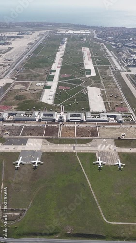 Aerial view of private jets at the airport. Drone footage of planes parked at the airport, Istanbul, Turkey.