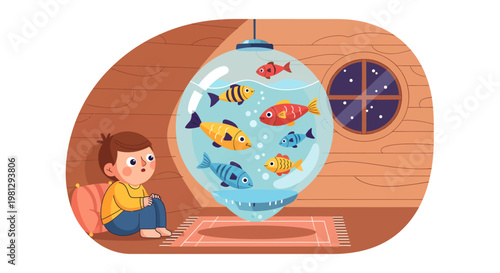 boy sitting next to hanging aquarium with colorful fish inside